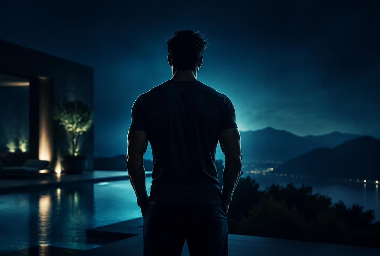 Athletic man standing at night in a modern setting lit with cool blue light